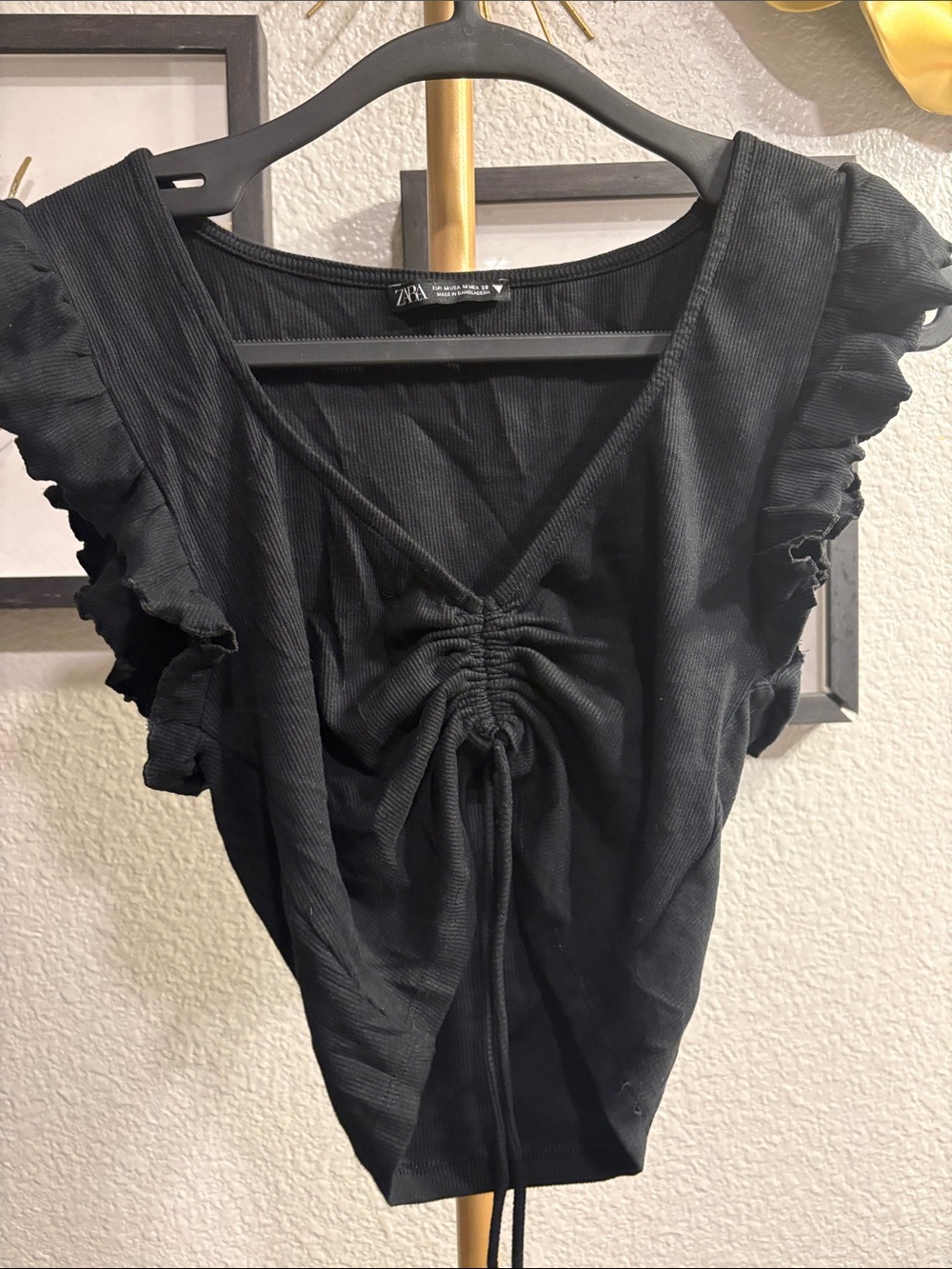 Zara Black Ruffled Sleeve Crop Top with Front Drawstring